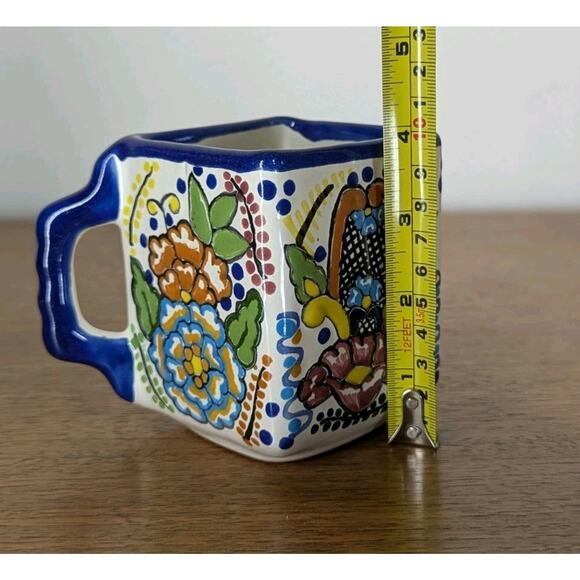 Talavera Mexican Pottery Hand Painted Blue Floral Square Coffee Mug Cup 4" Tall - Picture 7 of 9
